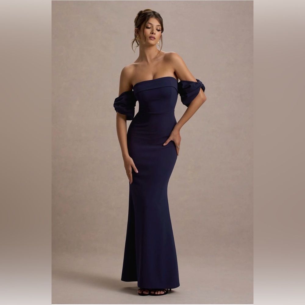 Navy Bardot Maxi Dress With Bow Sleeves - Navy Off Should Evening Gown